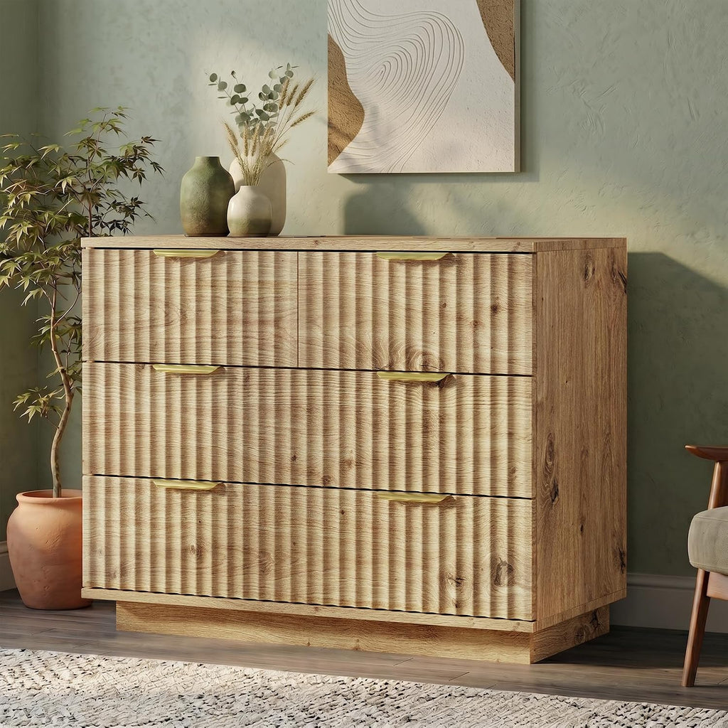 Oversized Fluted Night Stand with Drawers, Natural Wood Grain Bedside Table with 4 Extra Deep Drawers & Gold Metal