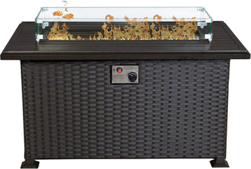 Outdoor Patio Propane Gas Fire Pit Table - 50,000 BTU Wicker Design with Aluminum Tabletop, Glass Wind Guard