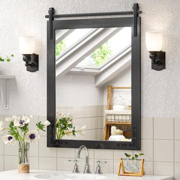 Farmhouse Mirror, 24"x32" Black Farmhouse Mirror with Rustic Wood Framed, Barn Door Vanity Mirrors for Wall, Vintage