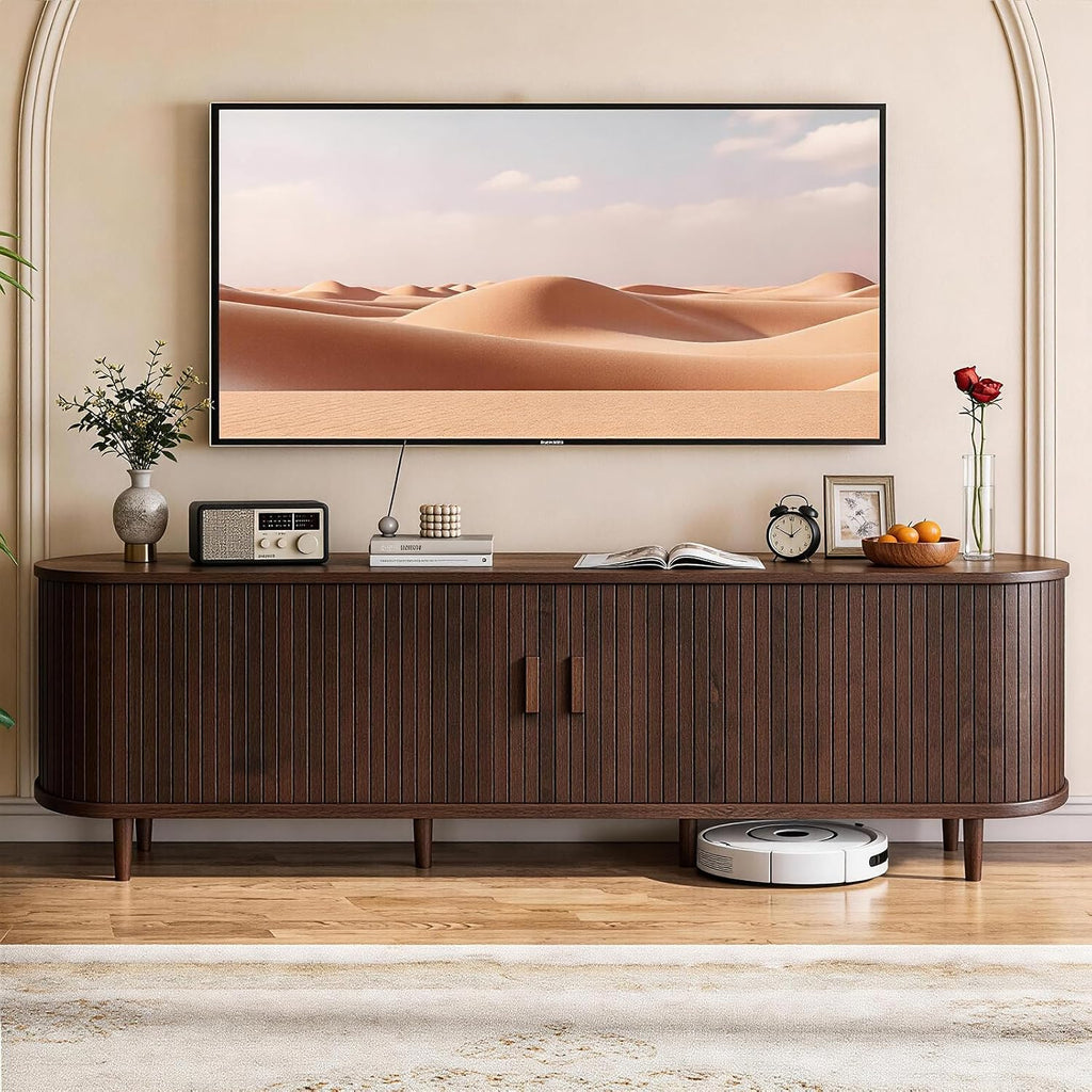 70" Mid Century Modern TV Stand with Power Outlet, Fluted Entertainment Center with Storage and Adjustable Shelves