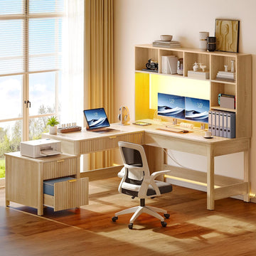 L Shaped Desk with Hutch and Drawers, 67" Computer Desk Gaming Desk with Power Outlets & LED Lights