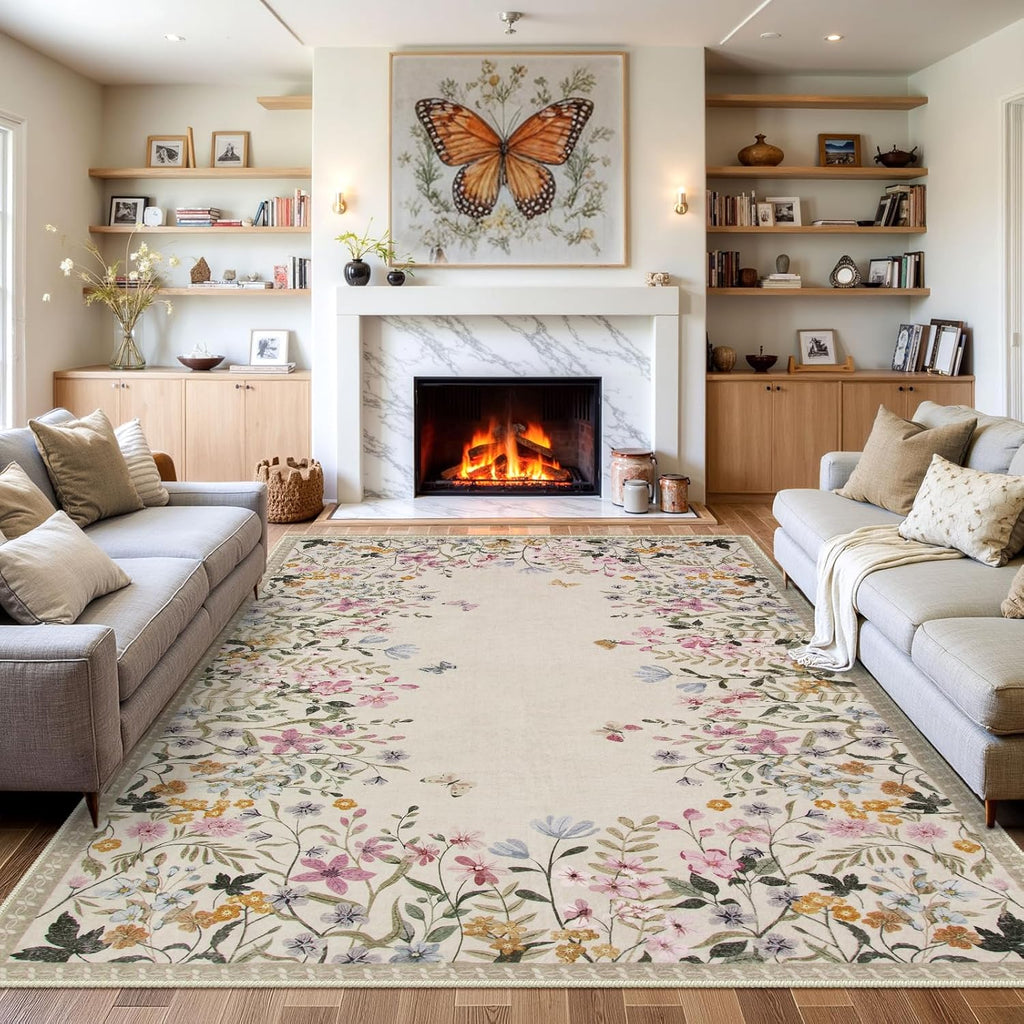 Washable Area Rugs, Large Living Room Rug, Non-Slip Soft Floral Rugs for Bedroom, Botanical Area Rug Carpet for