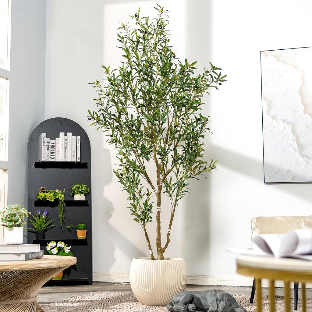 7ft Faux Olive Tree with White Pot & Moss, Artificial Olive Tree Indoor Outdoor, PE/PVC Leaves, Realistic Resin Trunk