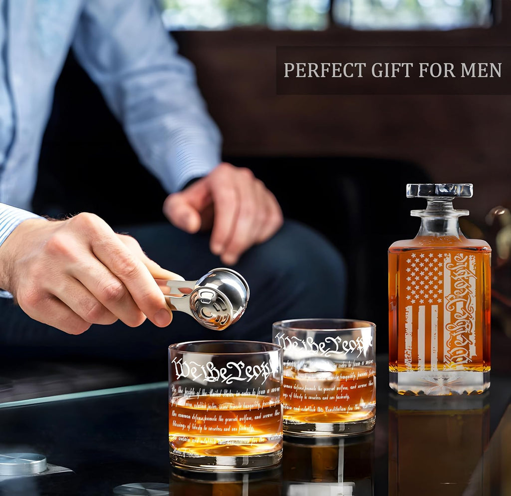 Whiskey Decanter Engraved We The People American Flag Decanter Set with 2 Glasses for Liquor Scotch Bourbon or Wine