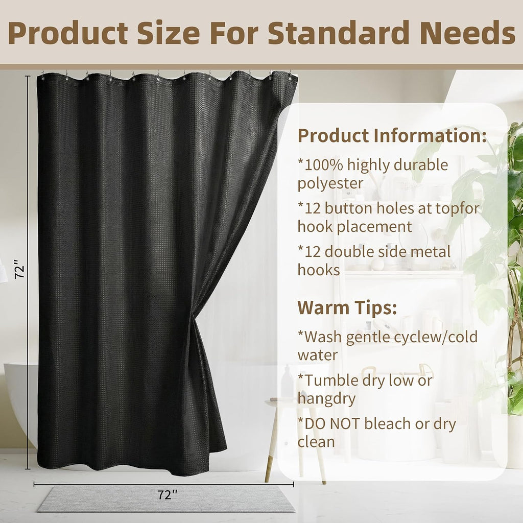 Shower Curtain and Liner Set, Waffle Shower Curtain Set with 12 Stainless Steel Hooks, Waterproof Luxury Fabric
