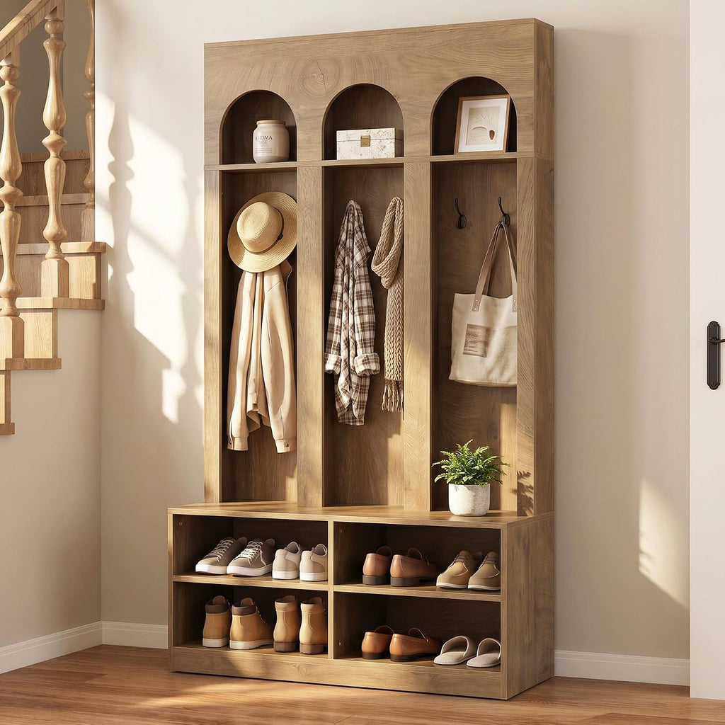 Hall Tree, 70" Entryway Bench with Coat Rack and Shoe Storage | 6 Double Hooks, Mudroom Bench with Storage and Hooks