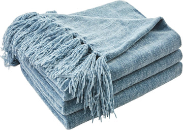 Chenille Throw Blanket, Cozy Plush Fuzzy Decorative Dusty Blue Blanket with Fringe Tassels, Lightweight Throws, 50"X60"