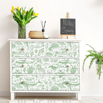 17.5x276 Coastal Peel and Stick Wallpaper Green Contact Paper Beach Nautical Ocean Renter Friendly Whale Shark Sage