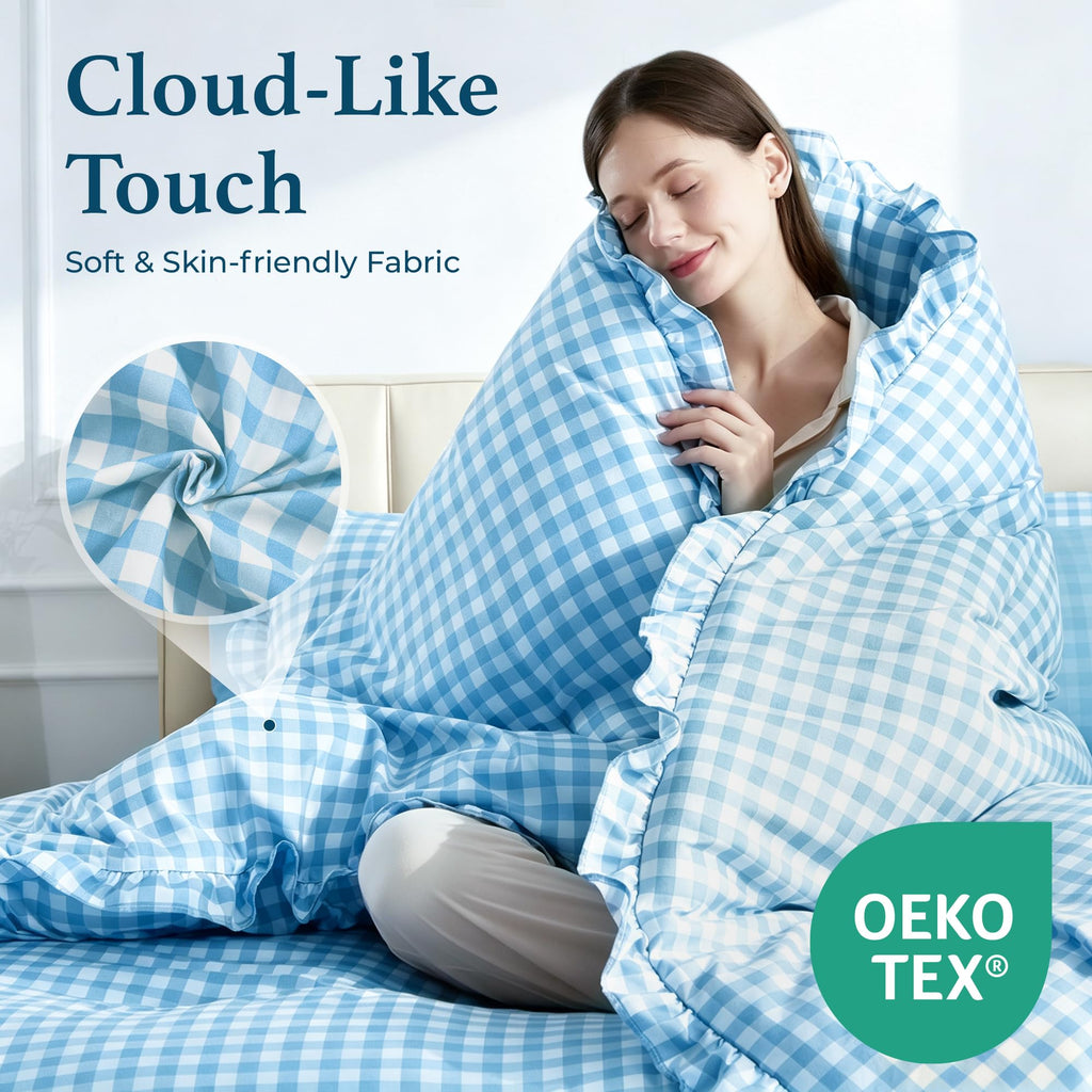 7 Pieces Gingham Ruffle Comforter Set, Blue Grid Tartan Bedding Set, Soft Breathable Fabric Comforter