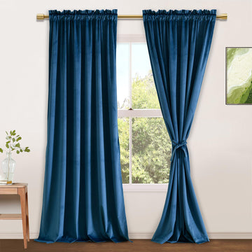 Navy Velvet Blackout Curtains 52W x 90L 2 Panels with Tiebacks