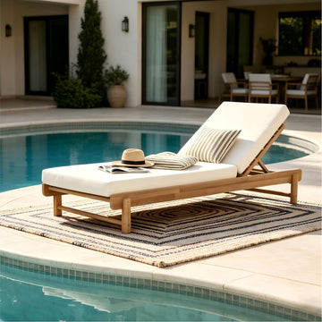 Outdoor Chaise Lounge with 4" Water-Resistant Cushion, Acacia Wood Recliner Chair Frame with Slatted Design