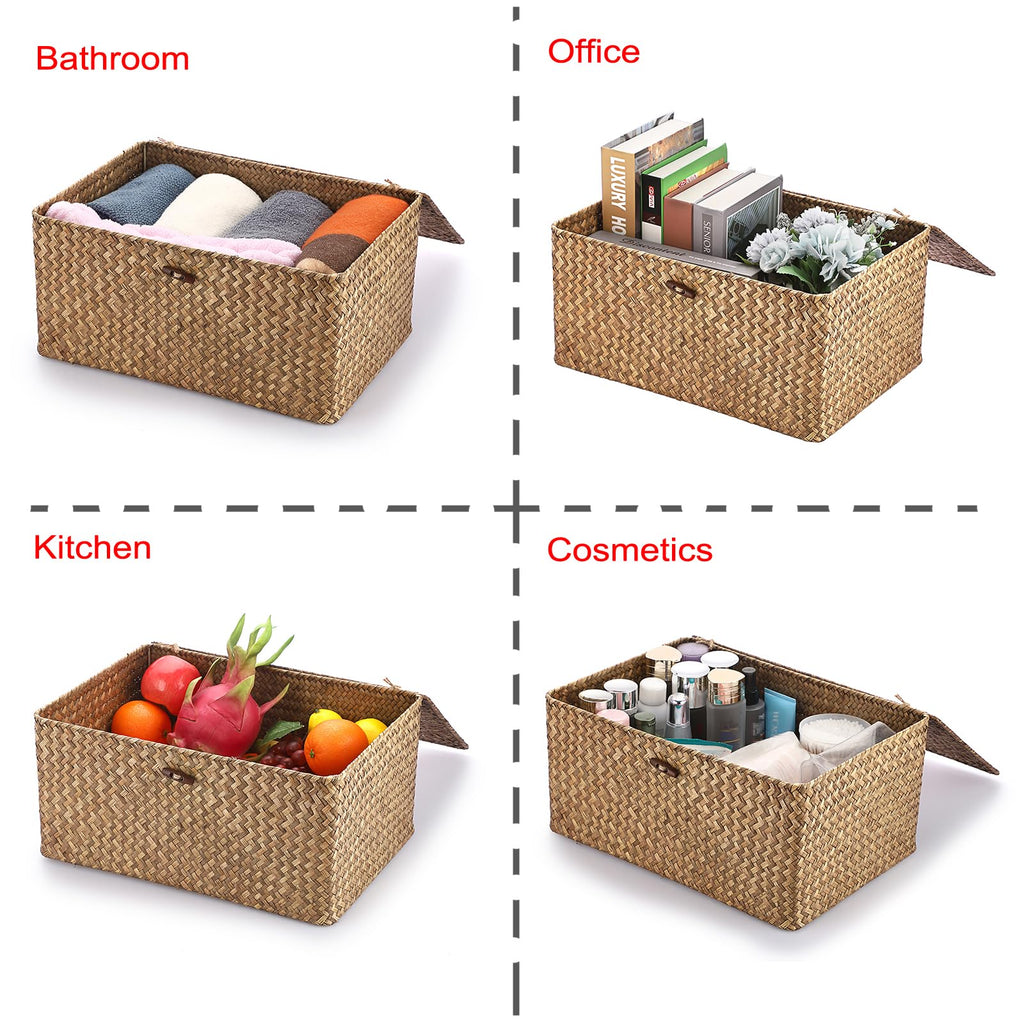 Wicker Shelf Baskets Bin with Lid Woven Storage Box, Coffee X-Large
