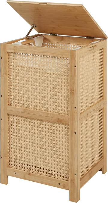 Bamboo Wicker Laundry Hamper Basket with Lid, 13 Gal/50L, Natural | Woven Wicker, Boho Bamboo Frame, Removable