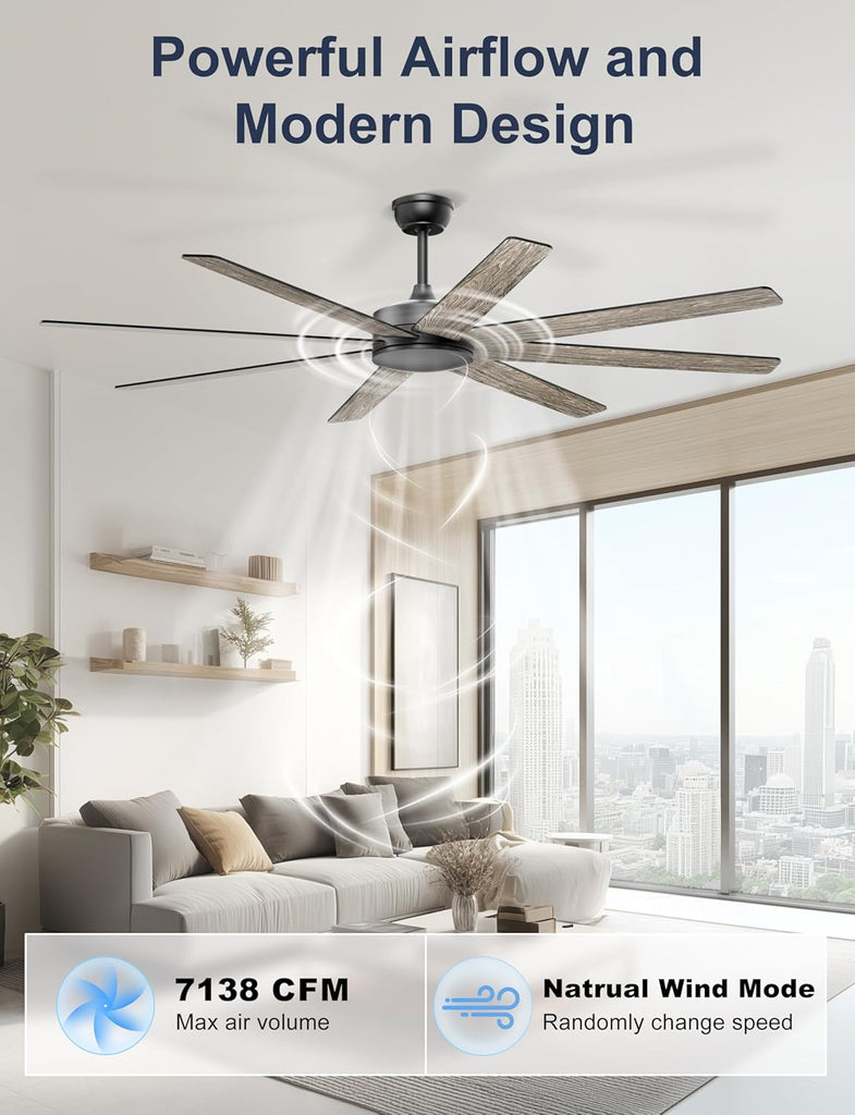 72'' Large Ceiling Fans No Lights, Modern Black Ceiling Fan Remote/APP Control