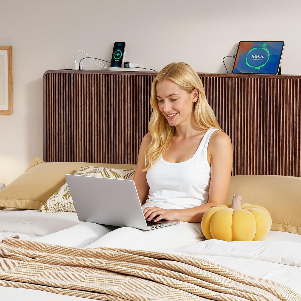 Wood Headboard King, Wooden King Headboard Only with 2 Outlets and USB & Type C Port, Simple Setup Modern Farmhouse
