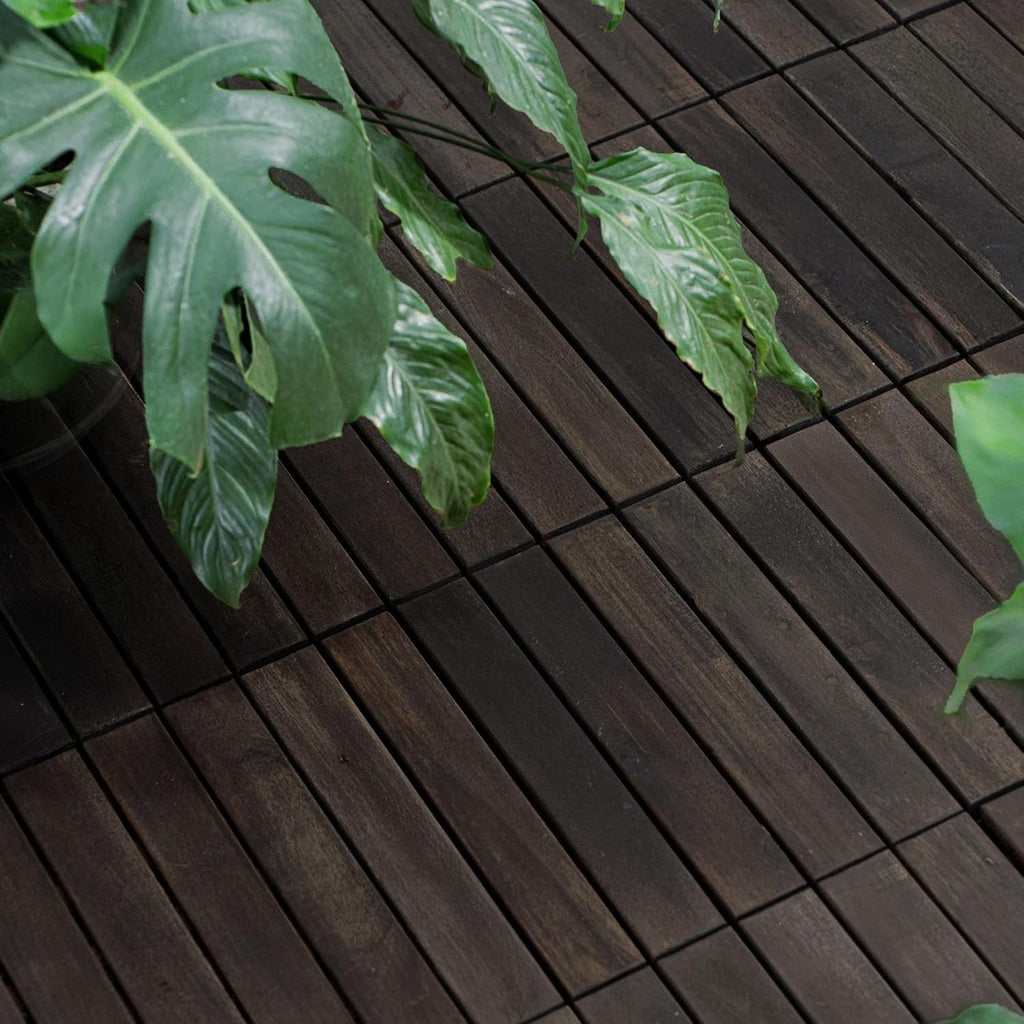 10/30 PCS Interlocking Deck Tiles Striped Pattern, 12" x 12" Dark Brown Square Acacia Hardwood Outdoor Flooring for