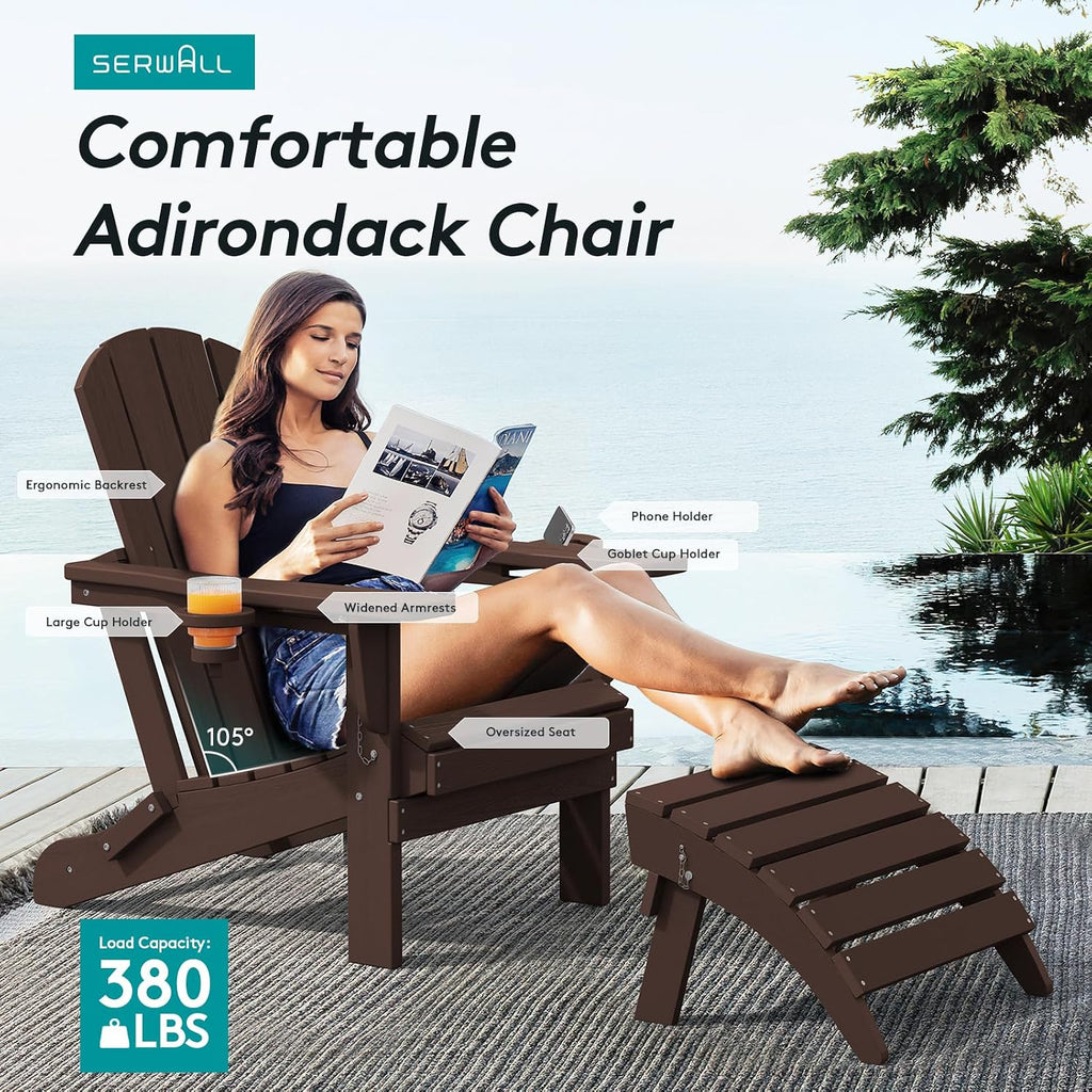 Outdoor Adirondack Chairs Set of 2 with Cup Holders,Foldable,Coffee | HDPE Composite,Waterproof,Wood Grain,Cup &
