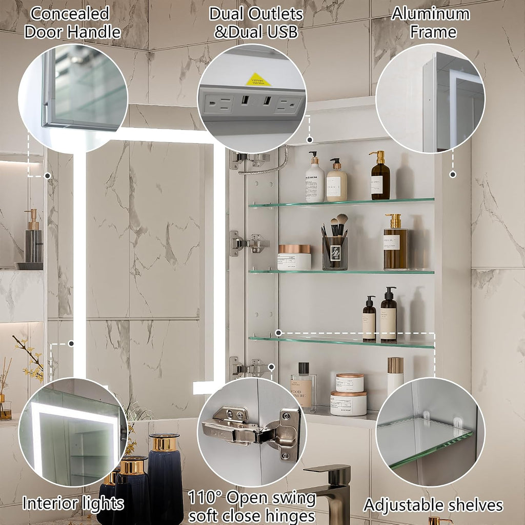 LED Bathroom Medicine Cabinet Mirror, 24" x 30" Lighted Vanity Mirror with Storage, Frameless Mirrored Medicine