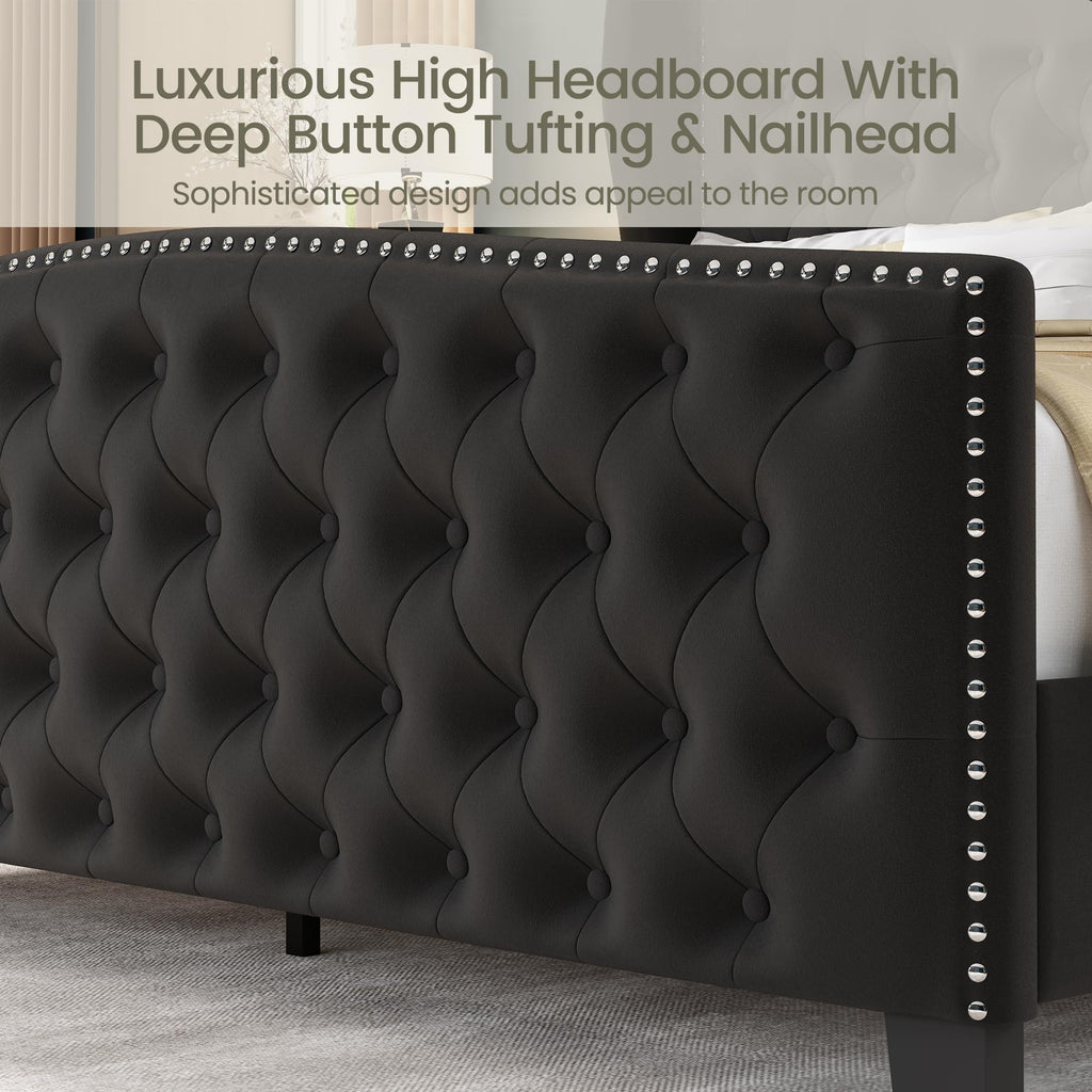 King Size Bed Frame Velvet Upholstered Platform Bed with Wingback Headboard & Footbaord, Deep Button Tufted Bed Frame