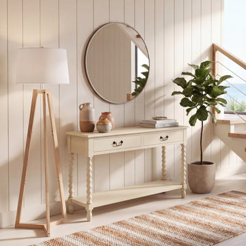 Athena 2-Drawer Console Table - Sand - Solid Wood - Farmhouse Classic Design - Ideal, 35.5" W x 13" D x