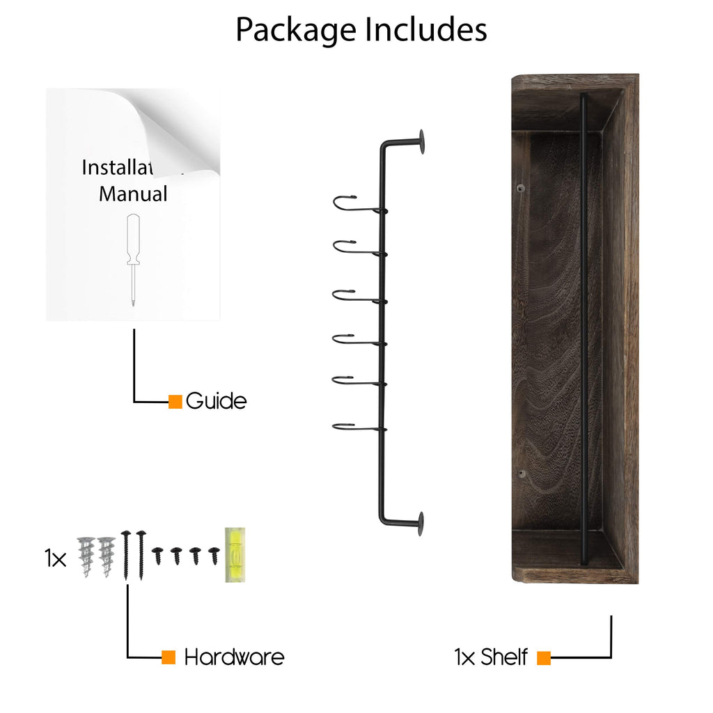 William Wall Mount Floating Shelf with Rail and Hooks | Farmhouse Design 20 Inch Torched Distressed Wood Vintage