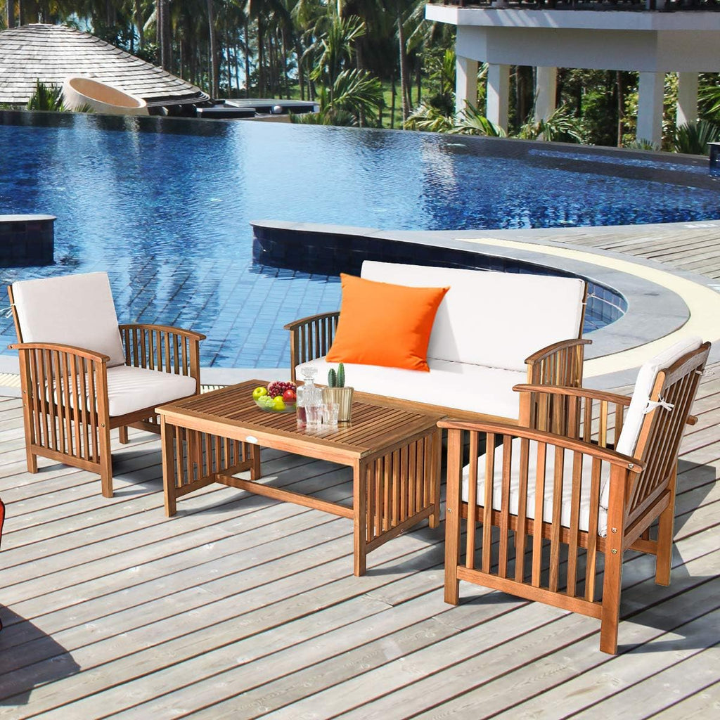 Outdoor 4 Pcs Acacia Wood Sofa Set w/Water Resistant Cushions, Padded Patio Seating Chat Set w/Coffee Table for