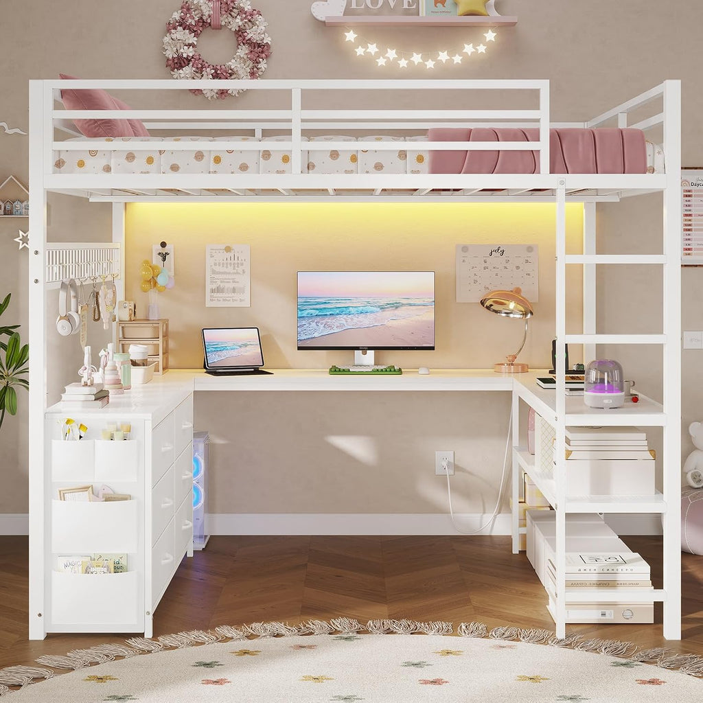 Loft Bed Full with U-Shaped Desk, 6 Storage Drawers, Power Outlet, LED Metal Loft Bed with 2 Storage Shelves