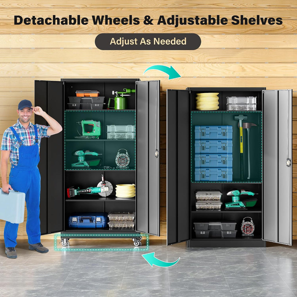 Metal Storage Cabinet with Wheels,75 inch Tall Rolling Garage Storage Cabinet with Lock,Black Metal Cabinets with
