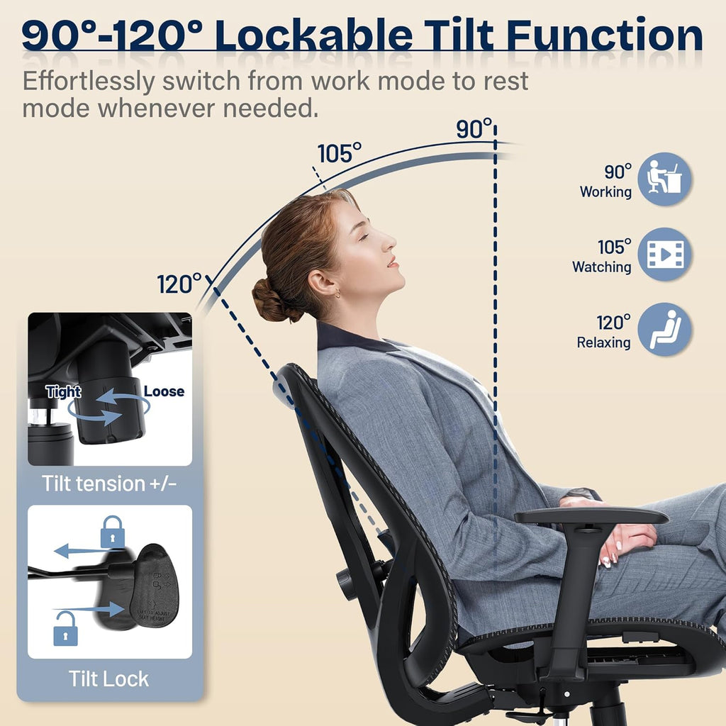 Ergonomic, Mesh Computer Desk Chairs with Adjustable Lumbar Support, 3D Armrests, Tilt Function, Comfy Wide Seat