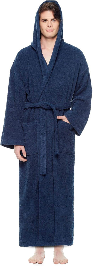 Men's Hooded Classic Bathrobe Turkish Cotton Robe with Full Length Options