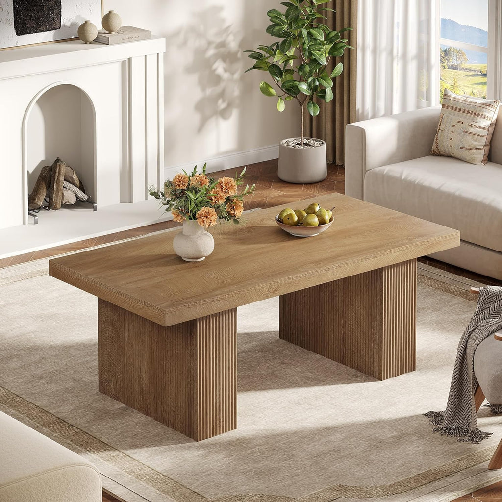 Farmhouse Coffee Table, 47.24 Inch Rectangle Center Table with Large Tabletop & Thick Base, Rustic Wooden Furniture