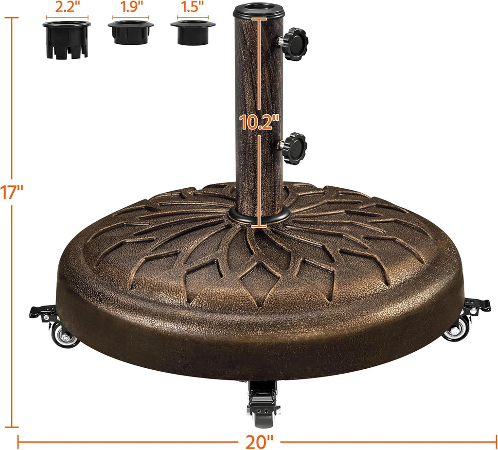 55lbs Heavy Duty Round Umbrella Base with 4 Lockable Rolling Wheels & 2 knobs, Outdoor Antiqued Umbrella Stand