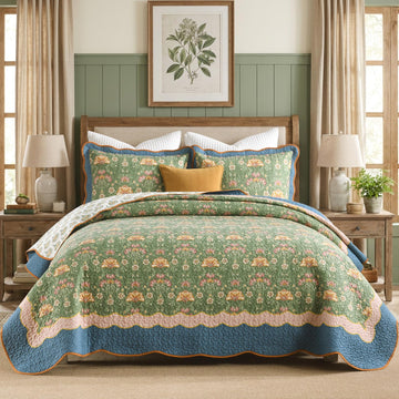 Quilt, Vintage Floral Quilt Set, Muted Sage Green