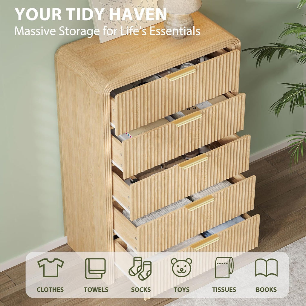 Fluted 5 Drawers Dresser, 48" Tall Modern Chest of Drawers with Round Edge & Metal Handle, Wood Drawer Organizer