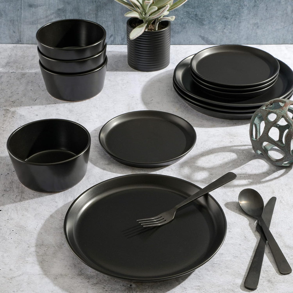 Sofia Coupe 12-Piece Stoneware Dinnerware Set, Service for 4 - Black Plates and Bowls