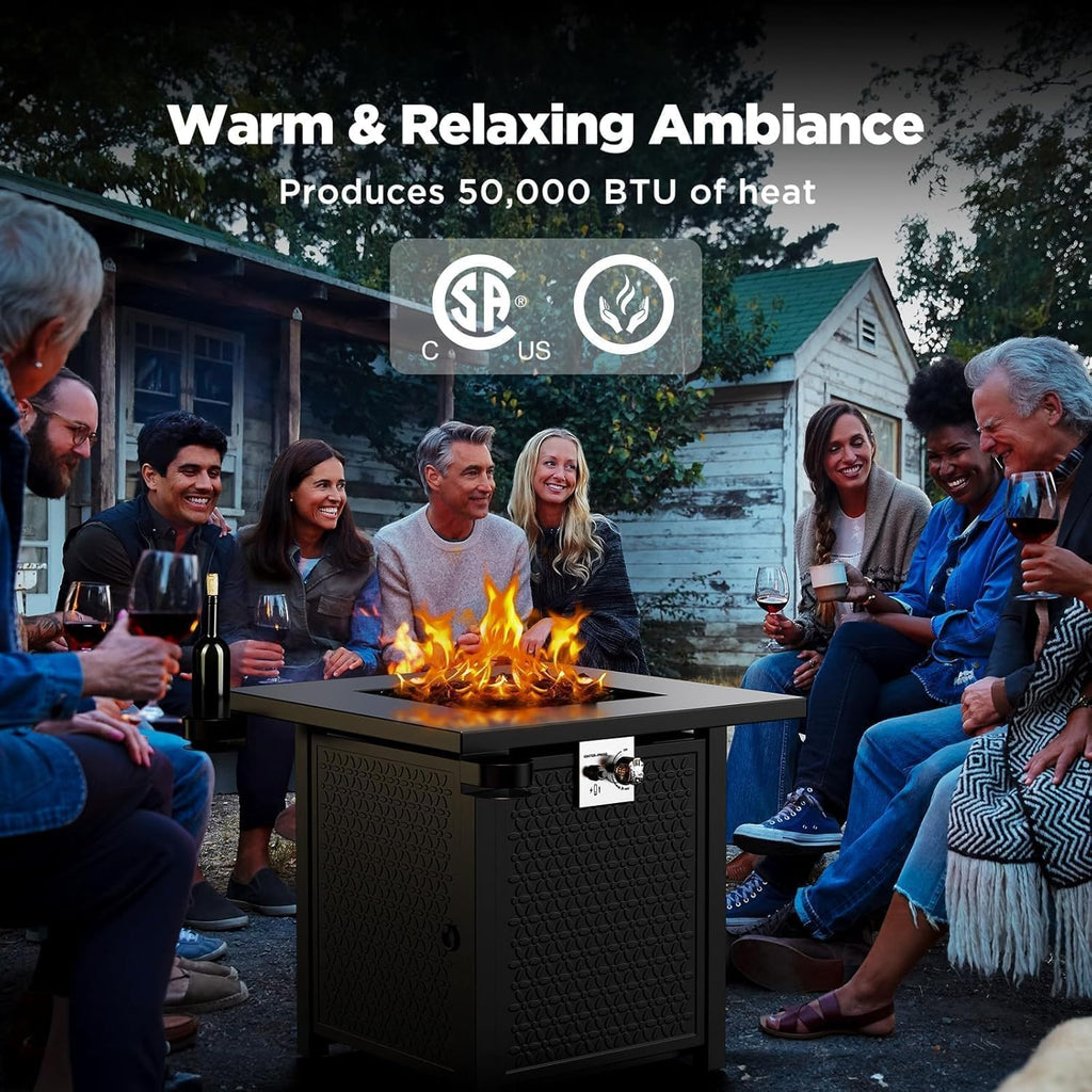 Propane Fire Pits 32 Inch Outdoor Gas Fire Pit, 50,000 BTU Steel Fire Table with Lid and Lava Rock