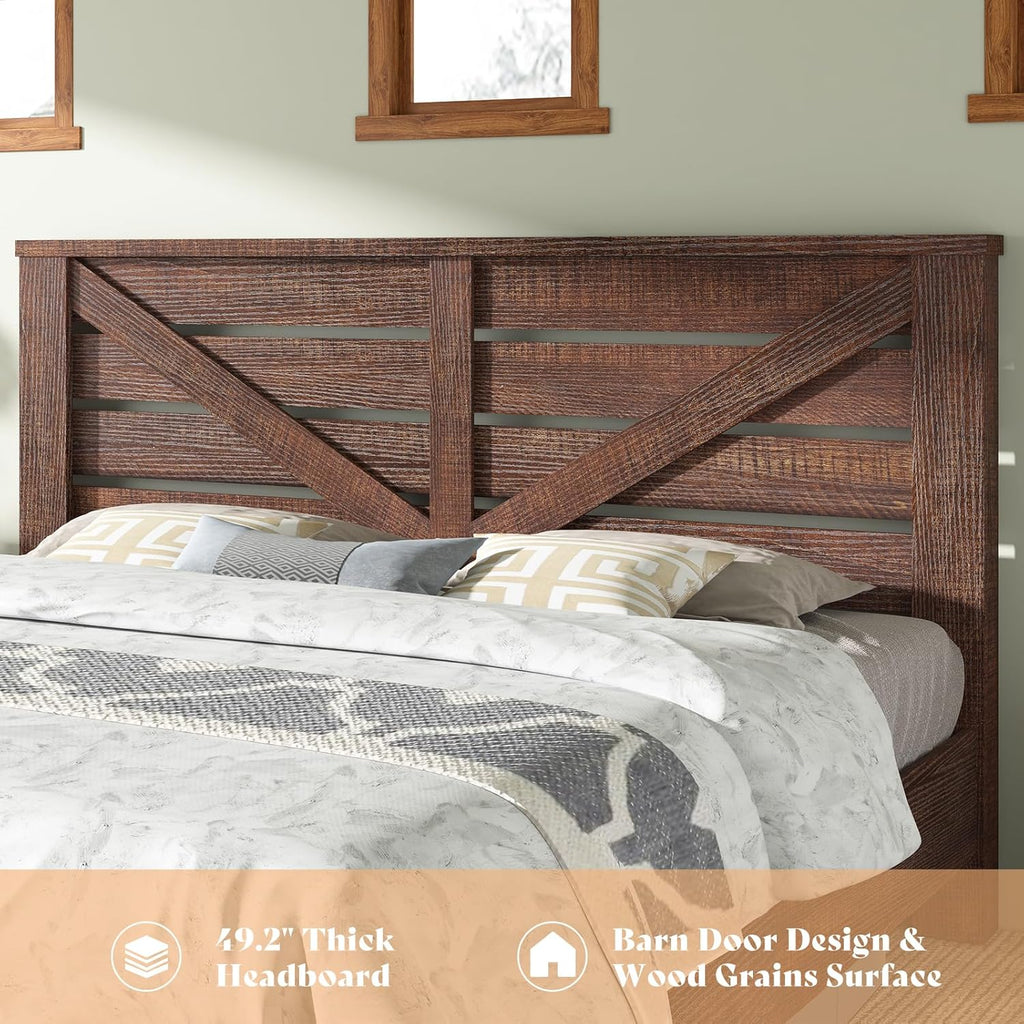 Queen Bed Frame with 49.2" Barn Door Headboard and Footboard, Rustic Farmhouse Platform Bed Frame with Wood Slats, No