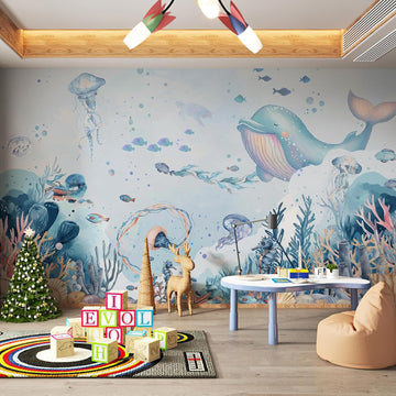 Large Kids Room Blue Ocean Theme Nursery Wallpaper Mural Peel and Stick | 148"W x 110"H Cartoon Undersea World Ocean