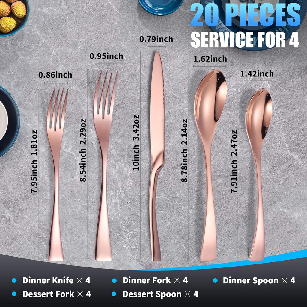 20 Pieces Rose gold Silverware Set for 4,Heavy Duty 18/10 Stainless Steel Flatware Set with Forged Stand Knives