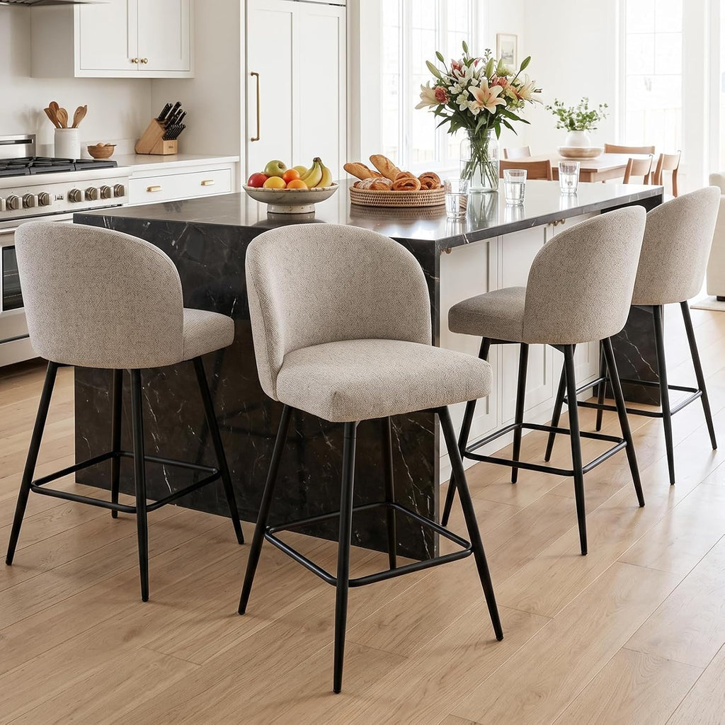 Counter Height Bar Stools Set of 2, 360° Swivel Upholstered Barstools with Backs and Metal Legs, 26" H Seat Height