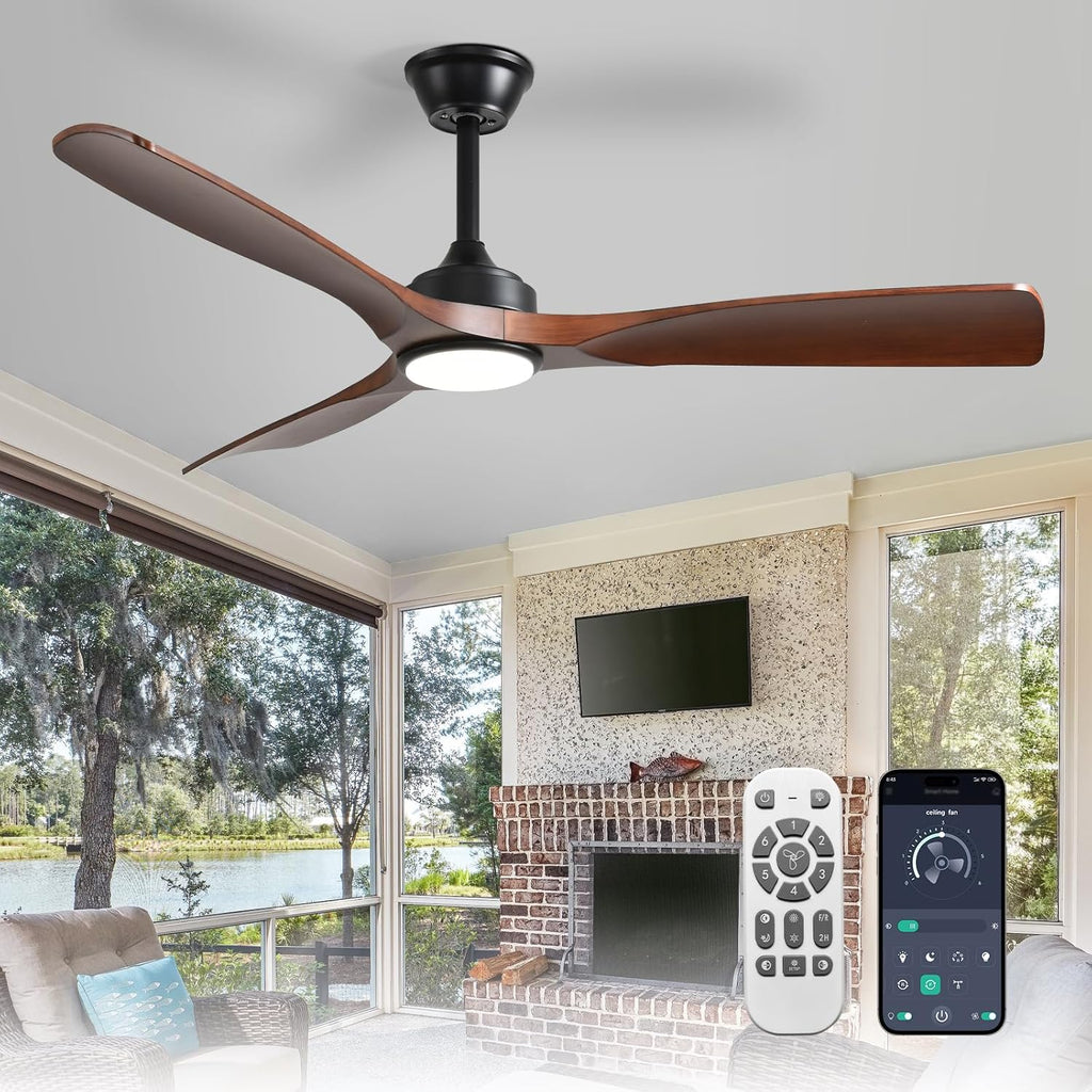 52-Inch Ceiling Fan with Light: Walnut 3 Blade Outdoor Fans for Patios - Dimmable Indoor Fan with Remote APP Control Ultra Quiet DC Motor Reversible 6 Speed Timer A101-B0DRCWK5MH