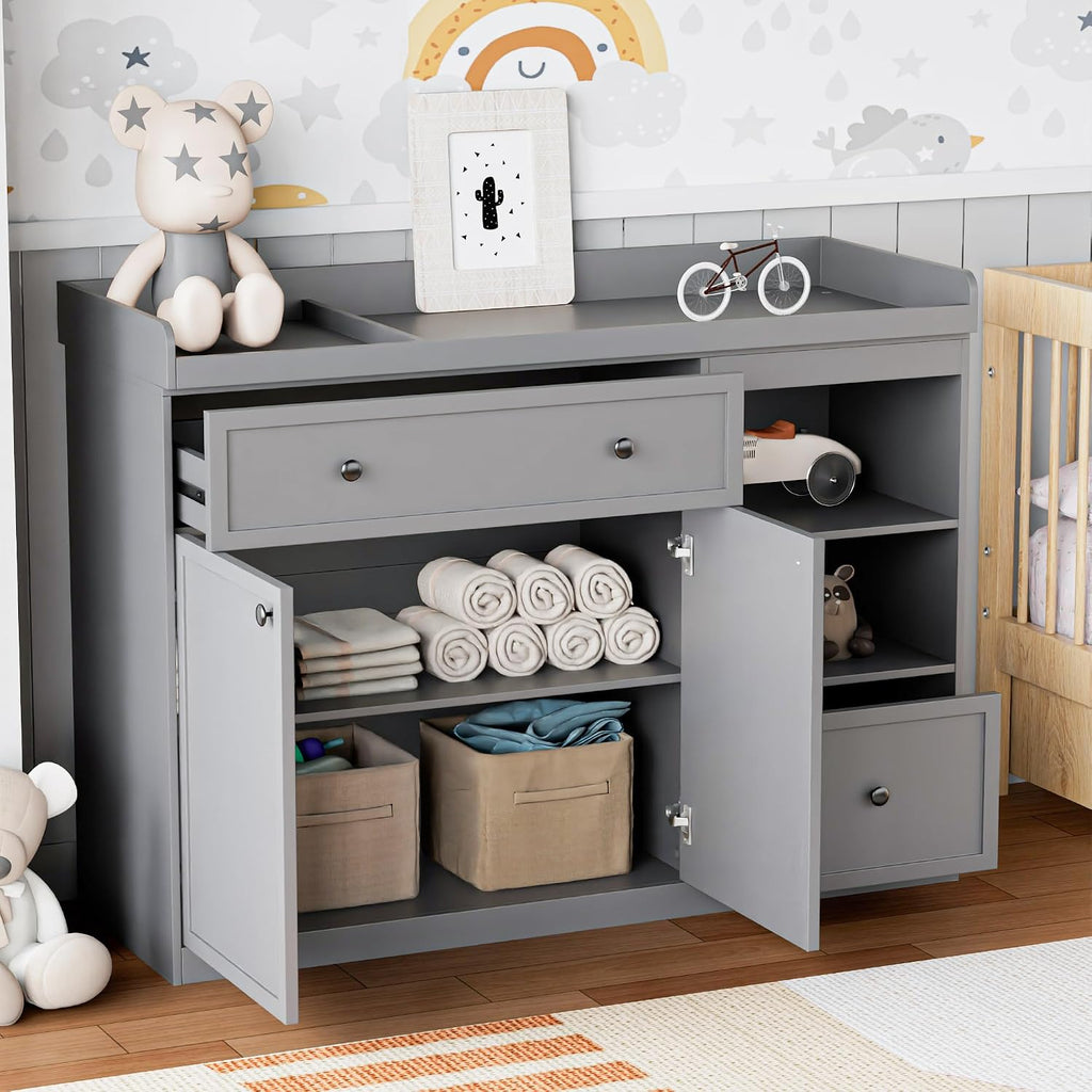 Wide Baby Changing Table Dresser with 2 Doors, 2 Different Size Drawers &Storage Cubbies, Durable Wood Construction