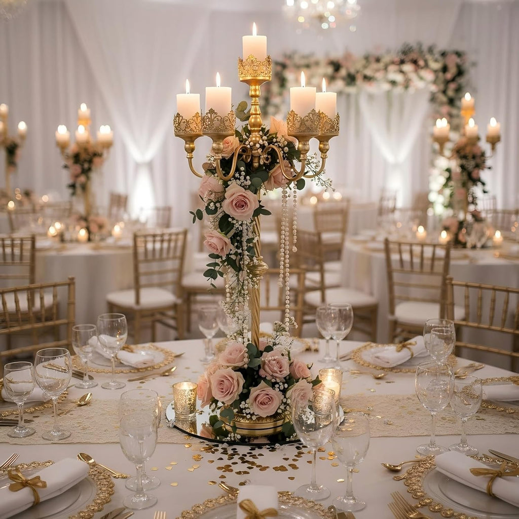 Gold Floor Candelabra, 40'' Tall Floor Candle Holders, 2 Pcs Metal 5 Arm Candelabra Centerpiece Decorations for 5