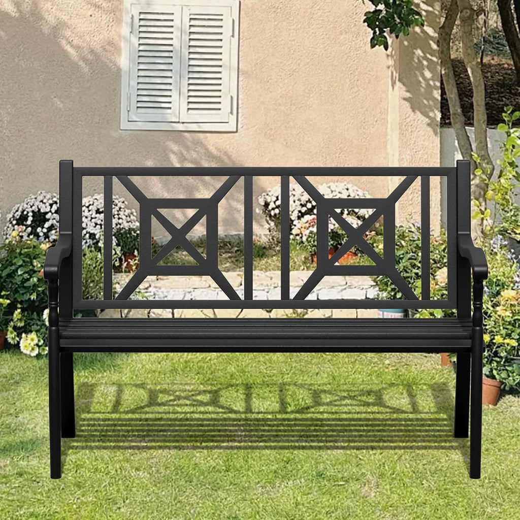50'' Outdoor Bench, Garden Bench, Outdoor Metal Frame Patio Park Bench with Backrest and Armrests,for Porch