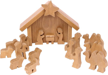 Wooden Nativity Manger Scene Set, 14 Pieces, Amish-Made in Lancaster County, Pennsylvania, Harvest Stain Finish