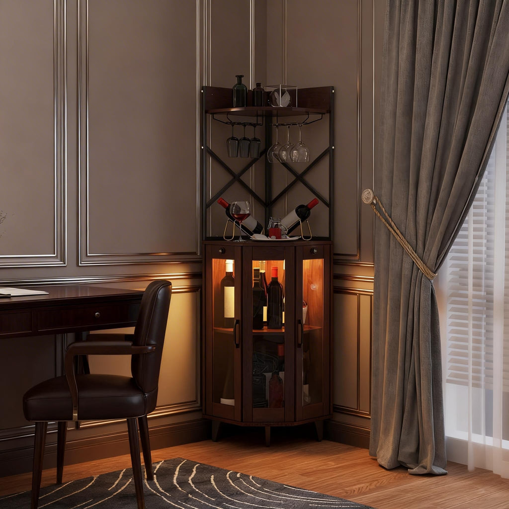 Walnut Corner Wine Cabinet, Lockable Glass Door with LED Light
