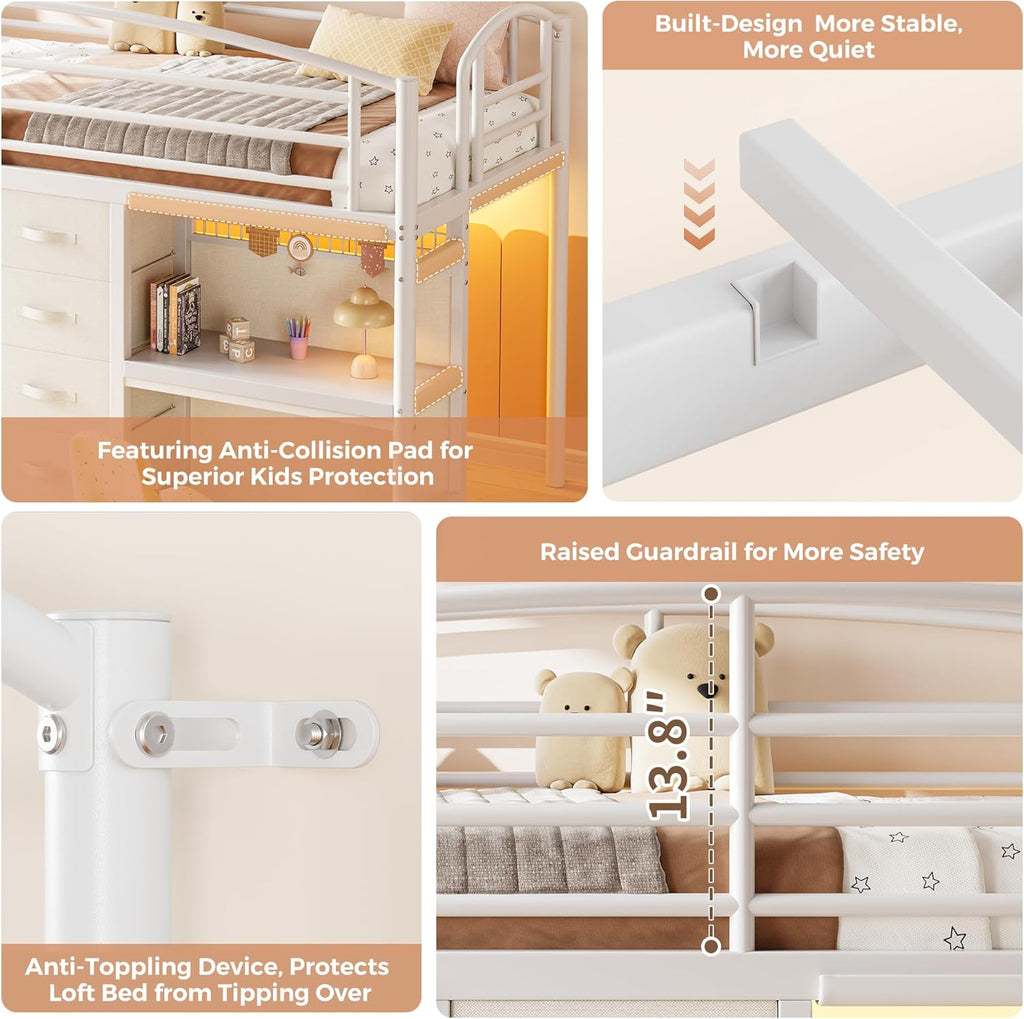 Low Loft Bed Twin with 7 Storage Drawers, Desk and LED Lights
