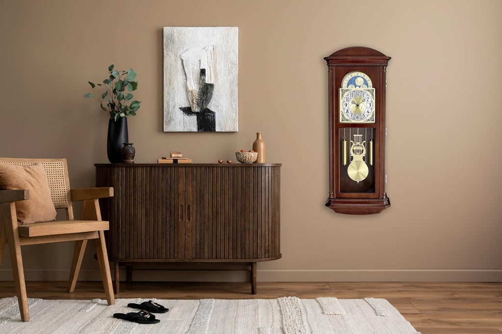 Bulova Litchfield Large Regulator Wall Clock, Model C4332 - Classic Pendulum Design - Harmonic Hourly Chime - Brown Cherry Finish