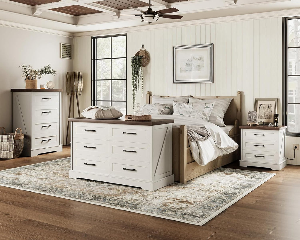 Farmhouse Nightstand with Charging Station, 24 Inch Bedside Tabe with 3 Drawers, Rustic End Table with USB and Outlet