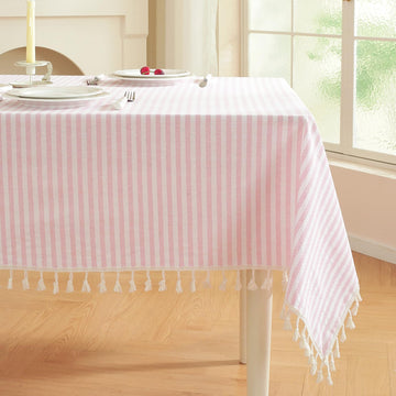 Striped Square Tablecloth, Cotton Blend Fabric Pink Table Cloth with Tassel, Washable Wrinkle Free Table Cover Cute